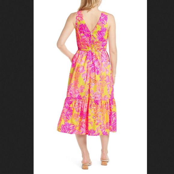 NWT Bri Cotton Midi Dress Calla Yellow Coral Floral Dress S - Picture 9 of 16